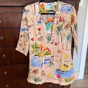 NWT True Destinations Cotton Fringed Tassel Neck Swim Cover Up Size S